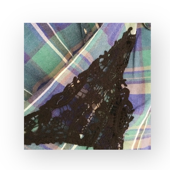 new LF Furst of a Kind  Lace Inset Flannel Shirt  Jacket Shacket  Green Plaid - Picture 13 of 16